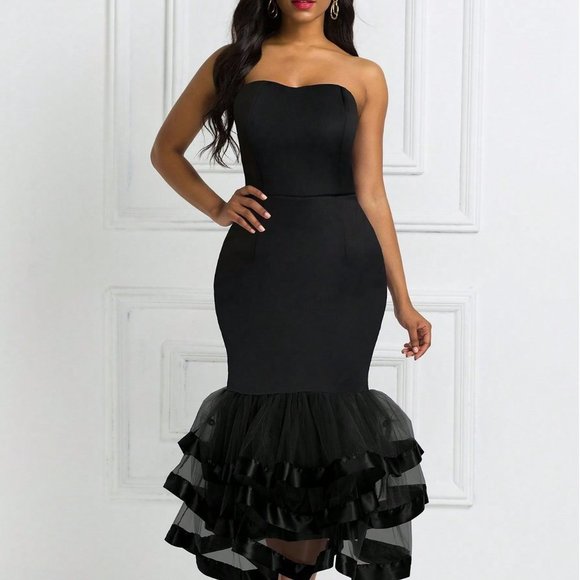 Black Preppy Womens Contrast Mesh Mermaid Hem Tube Dress - Picture 5 of 5